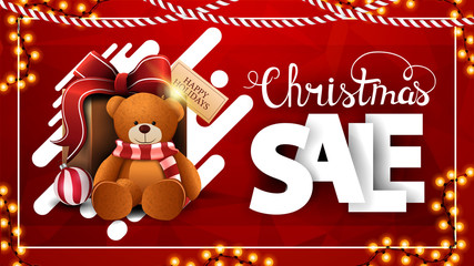 Christmas sale, red discount banner with garlands, polygonal texture, abstract liquid shapes, large white volumetric letters and present with Teddy bear