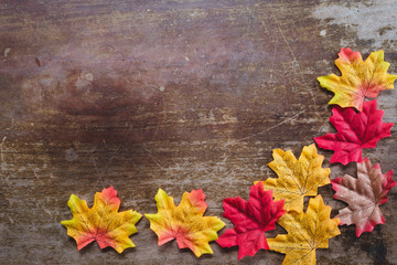 Autumn leaves on wooden background with copy space. Wallpaper for September thanksgiving.