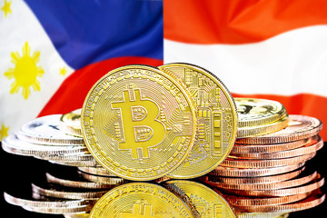 Bitcoins on Philippines and Austria flag background