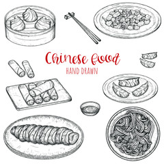 Chinese popular dishes hand drawn vector set, sketched isolated illustration of meals.