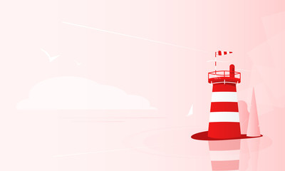 Red lighthouse at sea coast on the island. Navigation beacon with white stripes. Tranquility landscape.