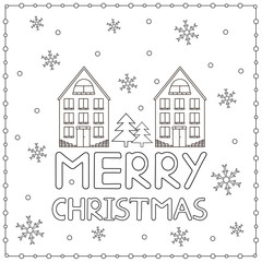 Naklejka na ściany i meble Merry Christmas. Card with snowflakes and houses. Coloring page.