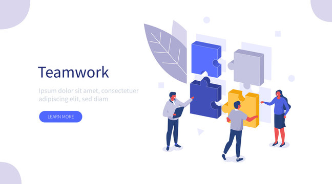 Business People Characters working Together and connecting Puzzle Pieces. Man and Woman assemble Jigsaw Puzzle. Team Metaphor and Business Solution. Teamwork Concept. Flat Isometric Vector Illustratio