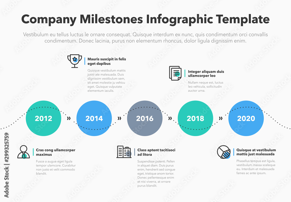 Poster Moderm business infographic for company milestones timeline template with line icons - light version. Easy to use for your website or presentation.