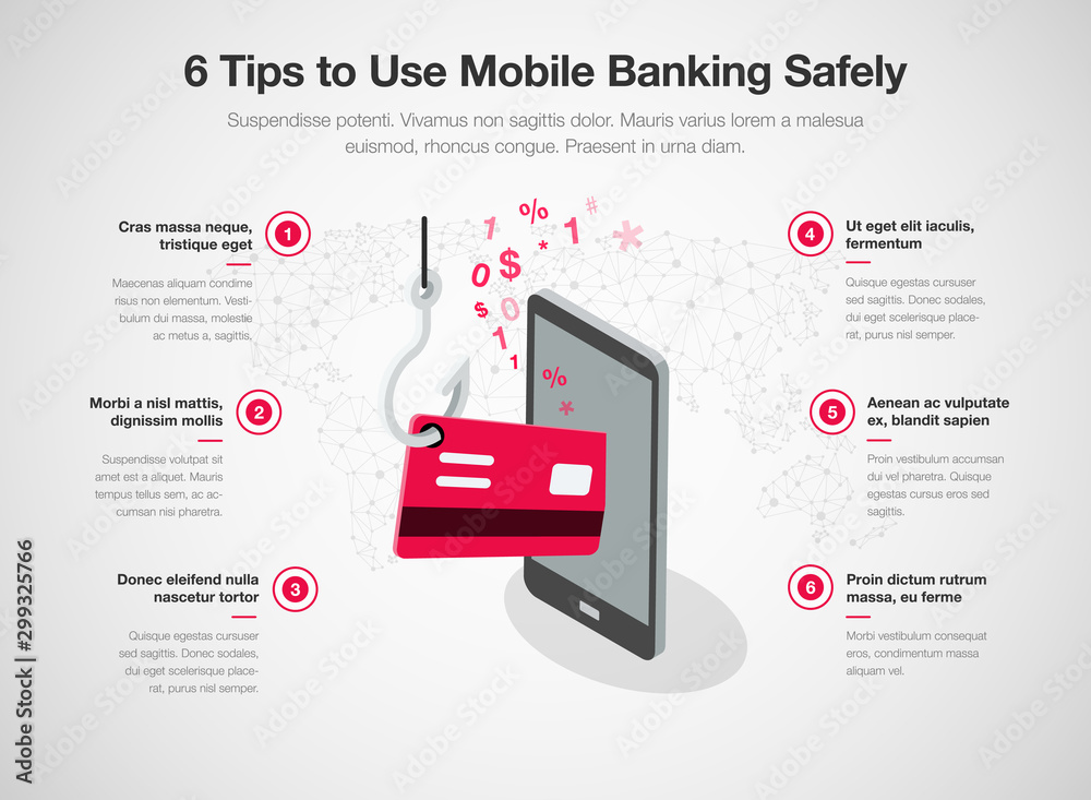 Fototapete infographic for 6 tips to use mobile banking safely with smart phone red credit card and fishing hoo