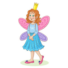 Children in carnival costumes. Little cute girl in a butterfly costume. For a school party. In cartoon style. Isolated on  white background. Vector illustration.