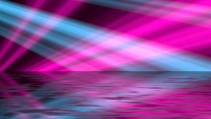 3D Rendering of retro pink and blue light at night reflecting on rough grunge dark cement floor with wet puddles after raining. For product display background
