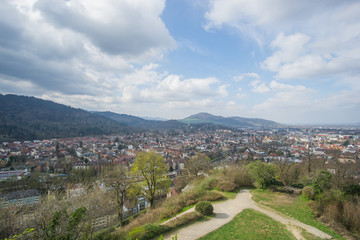 Fototapeta na wymiar Panoramic view from above of beautiful Freiburg city in the black forest region in Germany.