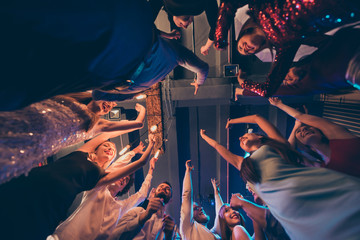 Low angle photo of cheerful positive crowd people students celebrate festive events stand round...