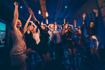 Having fun on disco party concept. Youth people wearing formalwear dress meeting celebrate event...