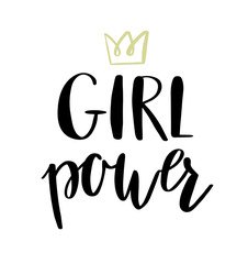 Obraz premium Girl power, feminist quote in modern brush calligraphy. Hand lettering design element for posters, t-shirt, mug and other.