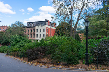 Fototapeta na wymiar Fort Greene Park in Brooklyn New York with Homes in the Background