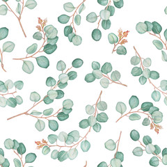 Watercolor seamless pattern of eucalyptus and blossom branches on white background. Hand drawn illustration. Print fot textile and wallpaper.