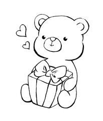 Cute teddy bear hugs a gift box. Line drawing cartoon style illustration on a white background. monochrome sketch. Design for coloring book, postcard, greeting, cover page.