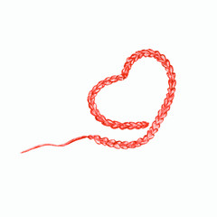 Close up Crochet red heart hand made concept on white background. Watercolor Hand drawn hobby Knitting and Crocheting Wool heart Valentines day love Greeting card, poster concept