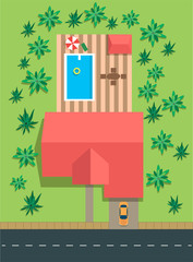  Vector illustration in a flat style.  Top view of the house and the street with bushes and the road.