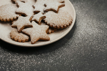  gingerbread cookies in the shape of stars on a plate sprinkled with powdered sugar.