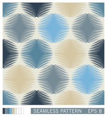 Seamless pattern. Symmetrical round shapes with rays. Floral motif. Retro halftone shading effect. Trendy vector design