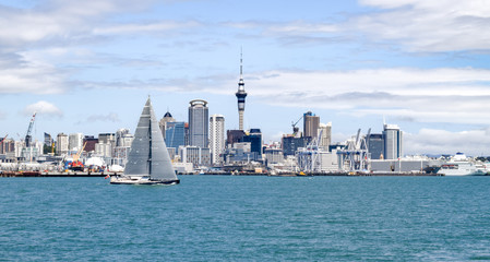 Fototapeta premium Downtown Auckland and Colorful Sailboat on Water - Auckland, New Zealand