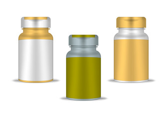 Round container with screw flip top cap, realistic mockup. Blank drug bottle, vector template. Medical pill, dietary supplement, vitamin packaging color set