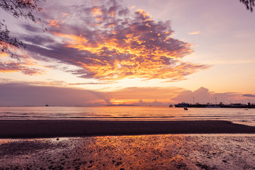 Panoramic tropical  purple  sea sky sunset with golden light background ,Samui island,Thailand