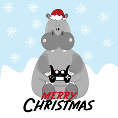 Merry Christmas- text, with funny  hippopotamus gamer, on snowy background. Good for greeting card and  t-shirt print, banner, flyer, poster design, mug, or sticker.