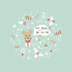 Greeting card in a doodle style. Happy new year white metal rat.