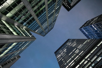skyscrapers in new york manhattran financial center wall street commercial office view window perspective bluesky travel urban exploration walking discover adventure, angle hogh tower