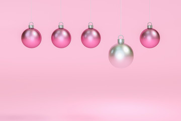 Metallic silver christmas ball Ornaments among pink ball hanging on pastel pink background 3d rendering. 3d illustration minimal style christmas concept.