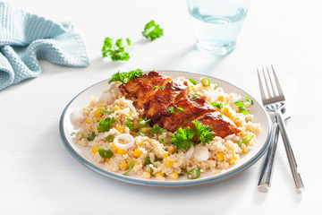 roasted bbq chicken with couscous sweetcorn onion, healthy lunch