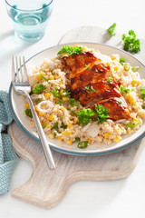 roasted bbq chicken with couscous sweetcorn onion, healthy lunch