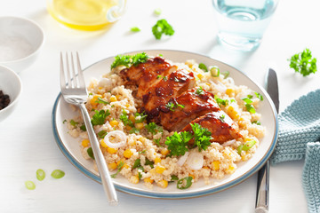 roasted bbq chicken with couscous sweetcorn onion, healthy lunch