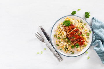 roasted bbq chicken with couscous sweetcorn onion, healthy lunch