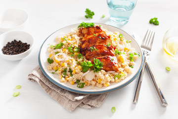 roasted bbq chicken with couscous sweetcorn onion, healthy lunch
