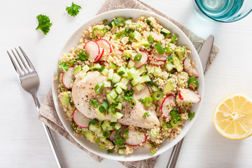 chicken breast with couscous, cucumber, avocado, spring onion, radish. healthy lunch