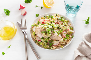 chicken breast with couscous, cucumber, avocado, spring onion, radish. healthy lunch