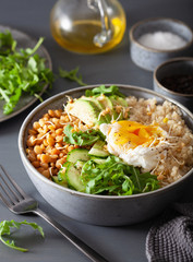 quinoa bowl with egg, avocado, cucumber, lentil. Healthy vegetarian lunch