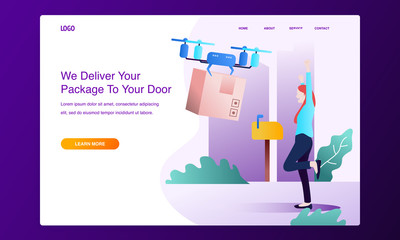 Modern flat design concept of online shipping, delivery service. Happy woman waiting for his parcel, drone service, for website and mobile website. Landing page template