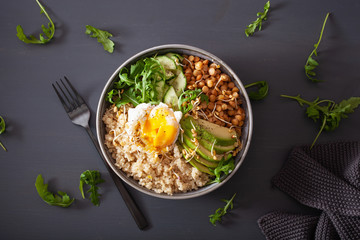 quinoa bowl with egg, avocado, cucumber, lentil. Healthy vegetarian lunch