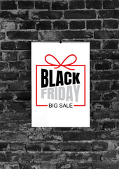Obraz premium Black friday ad on black brick wall background Copyspace, negative space for your advertising. Black friday, sales, finance, advertising, money, finance, purchases concept.
