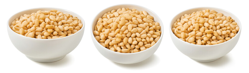 Pine nuts in bowls isolated on white background. Set for package design