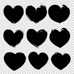 Abstract heart shape texture brushstrokes black ink isolated on imitation transparent background