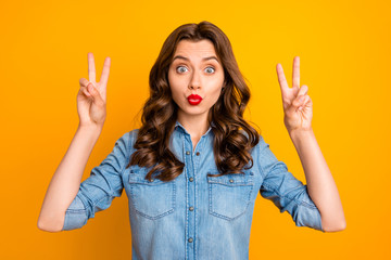 Photo of cheerful cute charming pretty sweet girlfriend showing you double v-sign kissing you with...