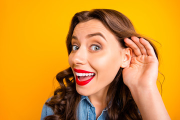 Close up photo of cheerful cute charming nice girlfriend listening to private conversation hearing...
