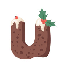 Cartoon vector illustration Christmas Pudding. Hand drawn font. Actual Creative Holidays bake alphabet and letter