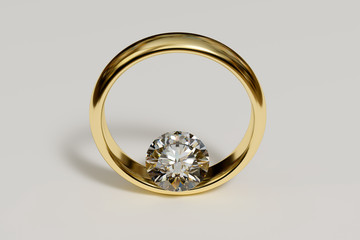 Round cut diamond in yellow gold wedding ring on white background.