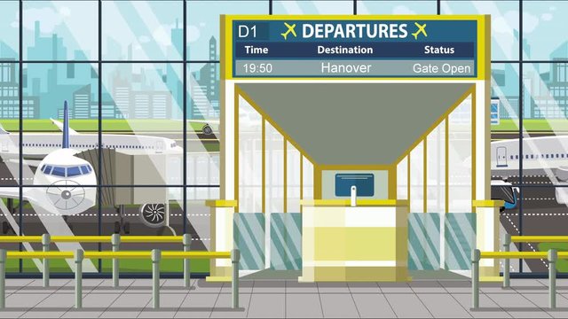 Flight to Hanover on airport departure board. Trip to Germany loopable cartoon animation