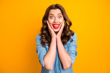 Photo of curly wavy ecstatic girlfriend youngster excited about sales started at shopping mall isolated over vivid color yellow background - obrazy, fototapety, plakaty