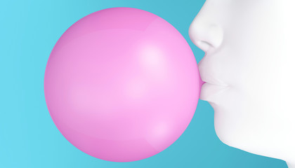 A ball of pink chewing gum and the lower part of the face on a blue background. Background for a teen party or for a Billboard. 3D rendering.
