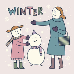 Winter Snow Illustration. Mother and Daughter Makes A Snowman. Winter Holiday. Vector Illustration. - 299334973